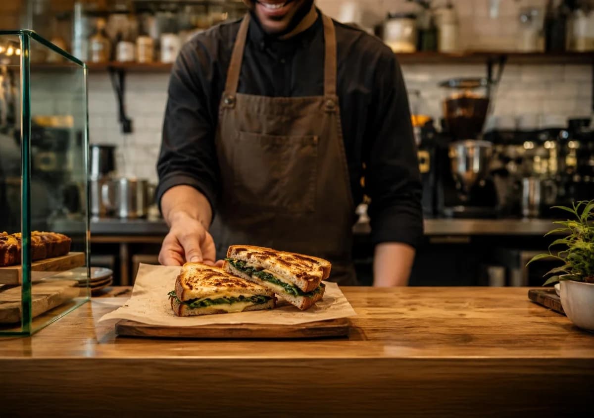 A Toast team member serving a freshly toasted sandwich over the counter